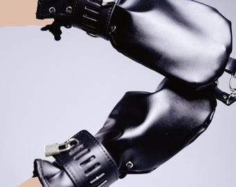Guantes de bondage, guantes de sujeción de piel sintética, guantes de bondage con cierre, sujeciones para guantes, equipo de bondage fetichista, sujeciones para manos, guantes con cierre