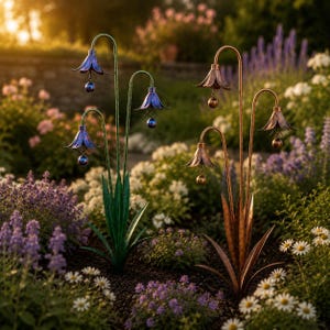 Könnte beinhalten: Gartenskulpturen mit Metallblumen mit blau- und bronzefarbenen glockenförmigen Blüten. Die Skulpturen haben gebogene Stiele und sind zwischen verschiedenen Blumen und Grün angeordnet. Die Szene ist eine Gartenlandschaft mit sanfter Beleuchtung.