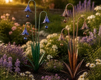 Metallblumen-Windglocken, Windspiele, Metallblumenpfahl, Metallgartenkunst, Gartenpfahldekor, Metall-Yard-Art, im Freiendekor