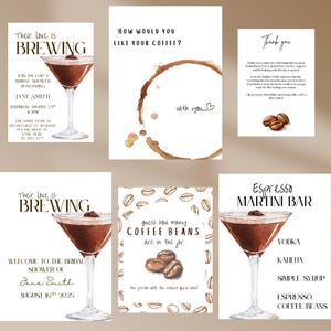 Pacote digital para chá de panela Espresso Martini – convite, placa de boas-vindas, cartão de agradecimento, placa de bar e muito mais – tema de noiva com café