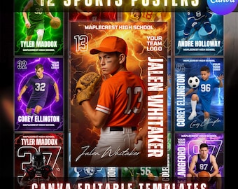 12 Canva Sports Posters Templates, Editable Football, Basketball, Socce,r Hockey, Tennis, Baseball Posters, Sports Backdrop, Senior Banners
