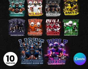 Editable 10 Football T shirt Templates, Bootleg Football Shirt Design, Football Canva Templates, Games Day Sport, Football Mascot Shirt