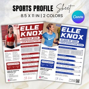 Sports Profile Sheet Template, Athlete Player Profile Sheet Resume,College Recruiting,Sports Recruiting Card, Sports Player, Athletic Resume