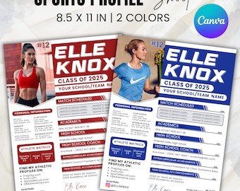 Sports Profile Sheet Template, Athlete Player Profile Sheet Resume,College Recruiting,Sports Recruiting Card, Sports Player, Athletic Resume