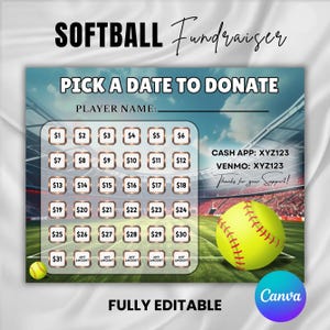 Calendario di raccolta fondi per softball modificabile, calendario di raccolta fondi, calendario di raccolta fondi stampabile, modello di softball, 11 x 8,5 pollici, BlackOut My Board