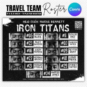 Travel Team Recruit Roster, Custom Team Roster Template For Any Sports Softball, Baseball, Basketball, Athlete Profile, Canva Template