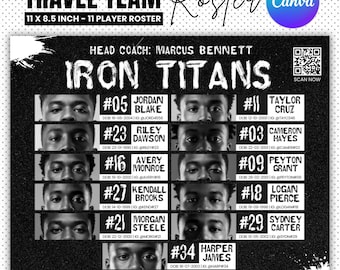 May include: Black and white team roster for the Iron Titans travel team. The 11 x 8.5 inch roster features player headshots, names, jersey numbers, and birthdates. Includes the team name, coach, and a QR code.