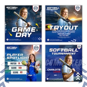 Softball Game Day Flyer, Softball Tryout Flyer, Softball Player Spotlight Flyer, Sports Commited Flyer Softball Flyers Bundle Canva Template