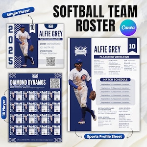 Softball Team Roster, Softball 16 Player Profile Template, Softball Roster College Recruiting Sports Profile Canva Template Instant Download