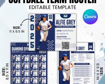 May include: A softball team roster template with the text "SOFTBALL TEAM ROSTER EDITABLE TEMPLATE". The design includes a player image, player information, and a match schedule. The size is 8.5 x 11 inches and 11 x 8.5 inches.