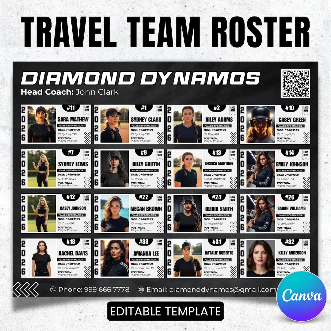 16 Player Travel Team Recruit Roster, Custom Team Roster Template for ...