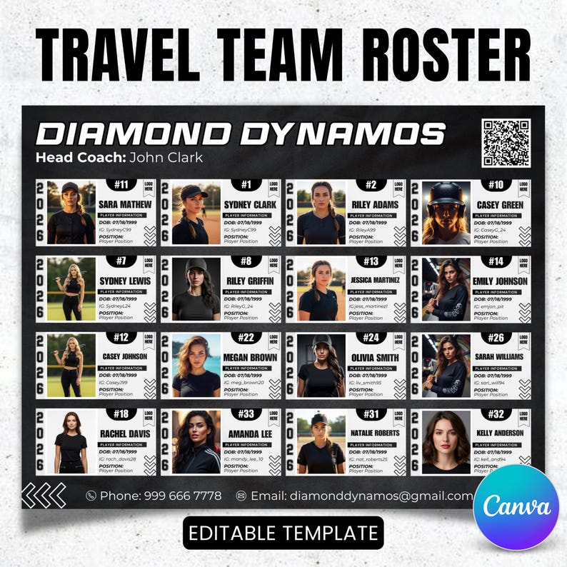 Travel Roster Format 16 Player Travel Team Recruit Roster, Custom Team Roster Template for ...