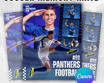 May include: A soccer-themed memory mate design with the text "SOCCER MEMORY MATE". The design features a collage of soccer players in action, with the text "2025 OAKRIDGE BLUE TEAM" and "#99 PANTHERS FOOTBALL". The size is 8.5 x 11 inches.
