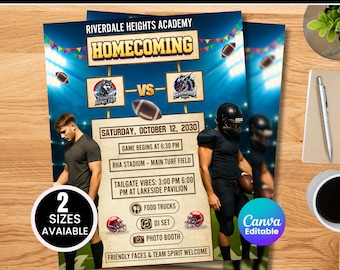 Könnte beinhalten: Eine Football-Einladung zum Homecoming mit dem Text "Homecoming Football Invite". Der Flyer enthält Datum, Uhrzeit und Ort des Spiels sowie Informationen zu Tailgate-Veranstaltungen. Das Design ist football-thematisch und enthält Teamlogos und den Text "Canva Editable".