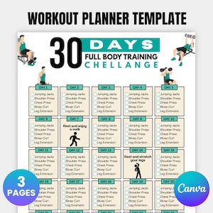 30 Day Full Body Workout Challenge, Full Body Workout Plan, Home Fitness Planner, Home Exercise Tracker,  Strength Tracker, Instant Download
