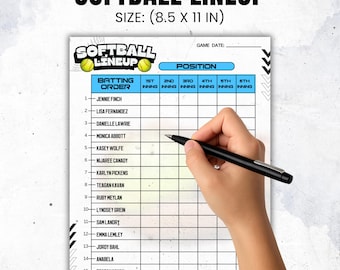 May include: Softball lineup sheet, size 21.6 x 27.9 cm, with spaces for batting order, positions, and game date. The sheet features a softball graphic and is being filled out with a black pen. The text "SOFTBALL LINEUP" is at the top.