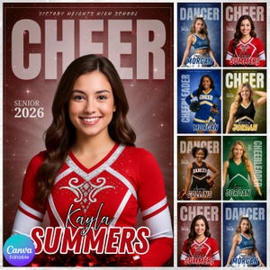 Könnte beinhalten: Ein Werbeplakat für Cheerleader und Tänzer der Victory Heights High School. Das Hauptbild zeigt eine lächelnde junge Frau in einer rot-weißen Cheerleader-Uniform. Das Plakat enthält das Wort "CHEER" in großen Buchstaben, den Text "SENIOR 2026" und mehrere kleinere Bilder von anderen Cheerleadern und Tänzern.