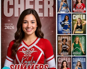 May include: A promotional poster for Victory Heights High School cheerleaders and dancers. The main image features a smiling young woman in a red and white cheerleading uniform. The poster includes the word "CHEER" in large letters, the text "SENIOR 2026", and several smaller images of other cheerleaders and dancers.