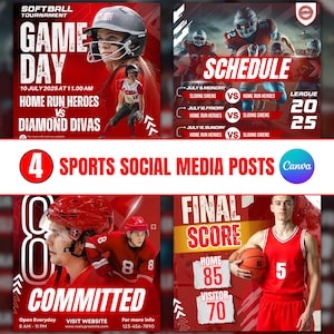 Canva Sports Social Media Templates, Softball Tournament Gameday, Football, Schedule,Basketball, Final Score,Ice Hockey, Committed Templates