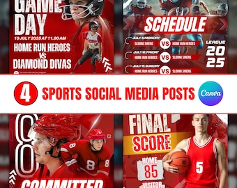 Canva Sports Social Media Templates, Softball Tournament Gameday, Football, Schedule,Basketball, Final Score,Ice Hockey, Committed Templates