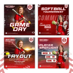 Softball Game Day Flyer, Softball Tryout Flyer, Softball Player Spotlight Flyer, Sports Commited Flyer Softball Flyers Bundle Canva Template