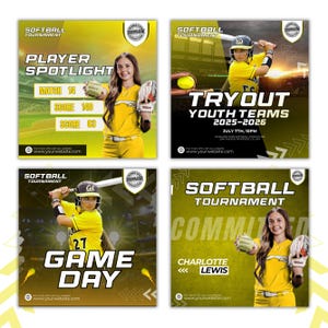 Softball Game Day Flyer, Softball Tryout Flyer, Softball Player Spotlight Flyer, Sports Commited Flyer Softball Flyers Bundle Canva Template