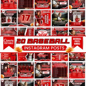 Könnte beinhalten: Eine Sammlung von 20 Baseball-Instagram-Posts, hauptsächlich in Rot und Weiß gehalten. Die Beiträge zeigen Baseball-Bilder, Teamfotos und Texte wie „Spieltag“, „Champion“ und „Turnier“. Das Bundle ist mit Canva editierbar.