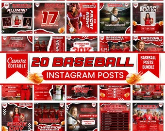 Plantillas para redes sociales de béisbol, publicaciones deportivas editables, calendarios, listas y volantes.