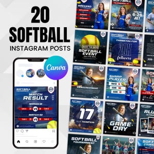 Puede incluir: Un conjunto de 20 publicaciones de Instagram con temática de softbol, diseñadas con Canva. Las publicaciones presentan anuncios de partidos, resultados y detalles de eventos. La combinación de colores incluye azul, amarillo y blanco, con imágenes de jugadoras y equipamiento de softbol.