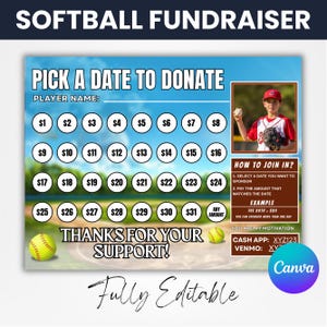 Softball Calendar Fundraiser, Softball Fundraiser Template, Pick a Date to Donate Softball,Pay the Date, Softball Fundraising Calendar Canva