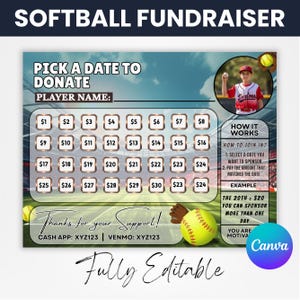 Softball Calendar Fundraiser, Softball Fundraiser Template, Pick a Date to Donate Softball,Pay the Date, Softball Fundraising Calendar Canva