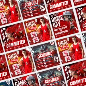 Puede incluir: Un collage de gráficos promocionales con temática deportiva. Los diseños presentan jugadores de baloncesto, fútbol americano y softbol. Los gráficos incluyen horarios de partidos, resultados finales y el texto "Committed". La combinación de colores es principalmente roja y blanca.