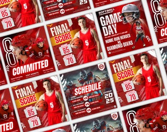 Canva Sports Social Media Templates, Softball Tournament Gameday, Football, Schedule,Basketball, Final Score,Ice Hockey, Committed Templates