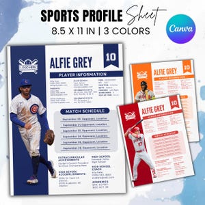 Sports Profile Sheet Template, Athlete Player Profile Sheet Resume, Sports Recruiting Card, Softball Player, Athletic Resume, Sports Resume
