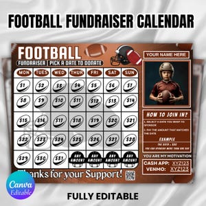 Könnte beinhalten: Ein Football-Fundraiser-Kalender mit braunem und weißem Design. Der Kalender zeigt ein Raster mit Daten und Spendenbeträgen, ein Footballspieler-Bild und Anweisungen zur Teilnahme. Der Text "Football Fundraiser Calendar" steht oben.