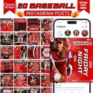 Könnte beinhalten: Ein Paket mit 20 Baseball-Instagram-Posts in Rot und Weiß, mit dem Text "20 Baseball Instagram Posts". Die Beiträge enthalten Grafiken für Spieltage, Turnierankündigungen und Spieler. Ein Telefon zeigt einen Instagram-Feed an.