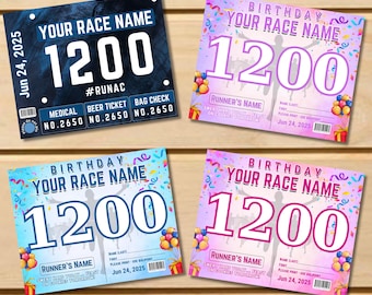 May include: Four race bibs with the text "YOUR RACE NAME" and "1200" in large font. The bibs are in blue, light blue, pink, and purple, with confetti and gift box graphics. Each bib includes the date "Jun 24, 2025".