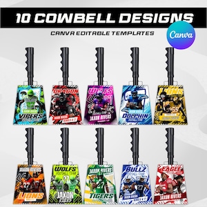 10 Cowbell Canva Editable Templates, Custom Cowbell Design, Football Cowbell Designs, Cowbell Wrap, Game Day Spirit Template, Drag and Drop