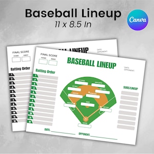 May include: Two white baseball lineup sheets, each 11 x 8.5 inches, with green and orange baseball field diagrams. The sheets include spaces for batting order, final score, date, and opponent. The text "Baseball Lineup" is at the top.