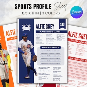 Sports Profile Sheet Template, Athlete Player Profile Sheet Resume, Sports Recruiting Card, Softball Player, Athletic Resume, Sports Resume