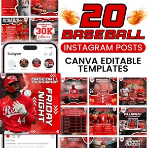 Könnte beinhalten: Eine Sammlung von 20 Instagram-Post-Vorlagen zum Thema Baseball. Das Design zeigt rote und weiße Grafiken, darunter Basebälle, Spielerbilder und Turnierinformationen. Die Vorlagen sind mit Canva bearbeitbar.