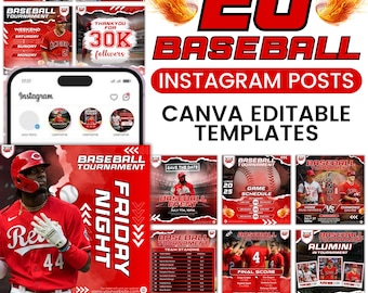 Plantillas para redes sociales de béisbol, publicaciones deportivas editables, calendarios, listas y volantes.