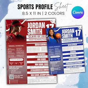 May include: Sports profile sheet, 8.5 x 11 inches, in 2 colors. Features a red and blue design with a basketball player and the name "Jordan Smith". Includes academic and athletic information, match schedules, and extracurricular achievements.
