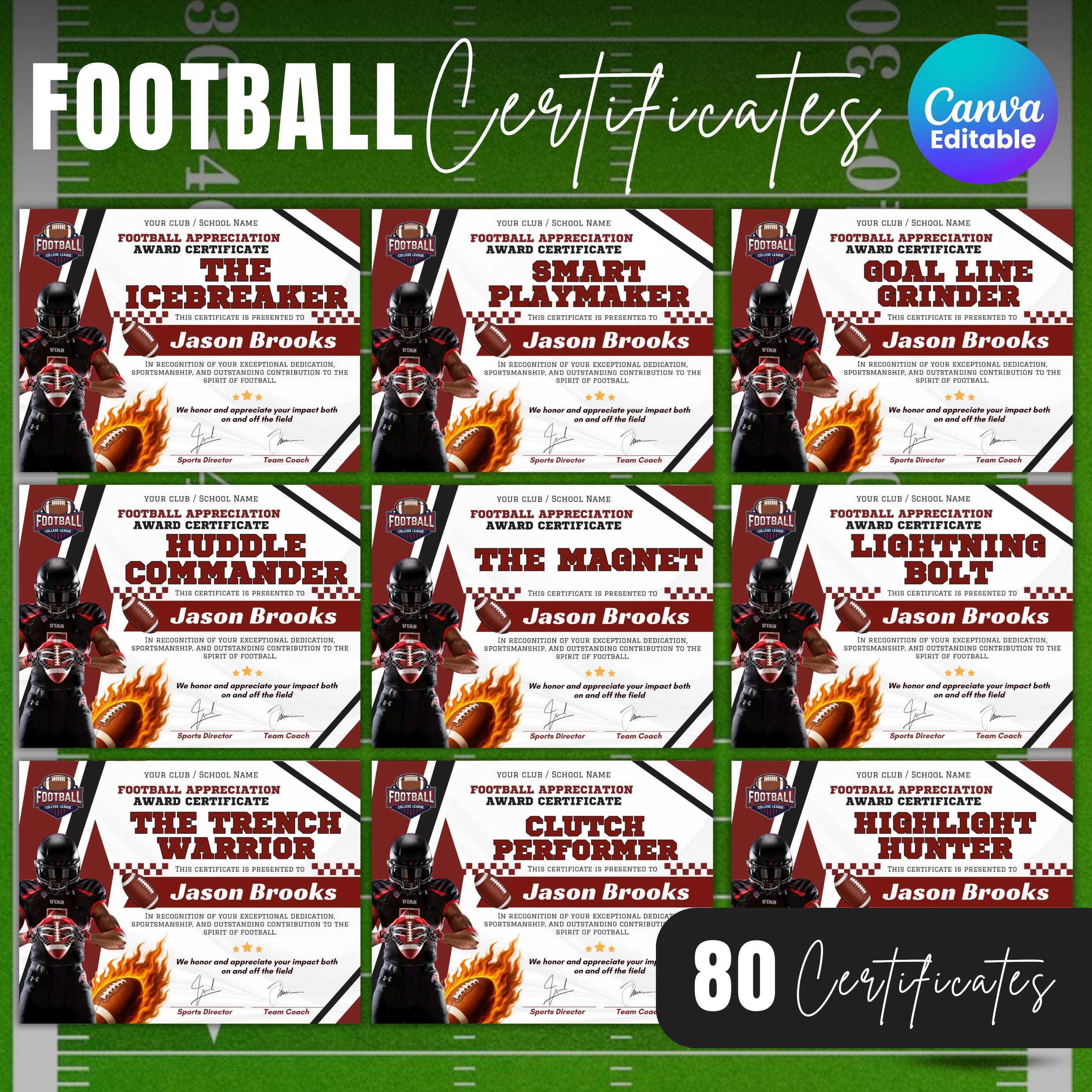 Editable Football Certificates Bundle Template,Printable Flag Football Appreciation Awards, Sport Certificate,End Of Year Award Certificates