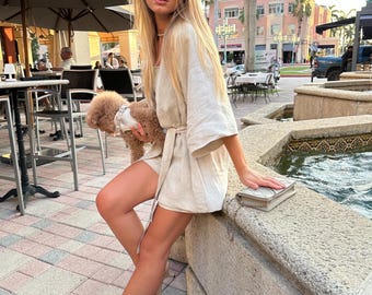 Linen Kimono Shorts Set for Women – 2 Piece Summer Outfit – 100% Natural Flax – Breathable Lightweight Fabric – Boho Vacation Loungewear