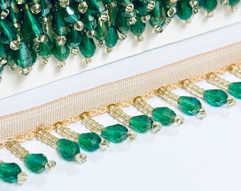 1 Yard Handmade Luxury Green Droplets Faceted Beaded Lace Fringe Trim For Bridal, Lamps, Curtains
