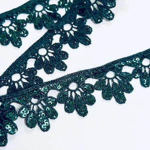 1 metro di nastro di pizzo floreale verde smeraldo con paillettes, decorazione per cucito.