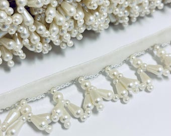 1 Yard Handgefertigte Luxus Creme Perle Clustered Perlen Spitze Fransen Zierleiste für Brautschmuck, Lampen, Vorhänge