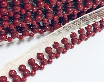 1 Yard Handmade Maroon Beaded Lace Fringe Trim For Bridal, Lamps, Curtains