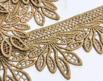 1 Yard Dark Beige Large Flower Lace Trim, Guipure Ribbon edge, Sewing Embellishment